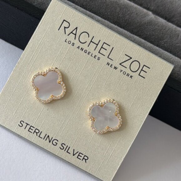 Rachel Zoe Mother of Pearl Sterling Silver 925 Gold Plated Clover Stud Earrings - Picture 3 of 12